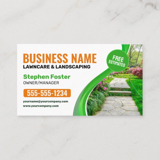 Groene & oranje graslandschapsmaaiservice visitekaartje (Voorkant)