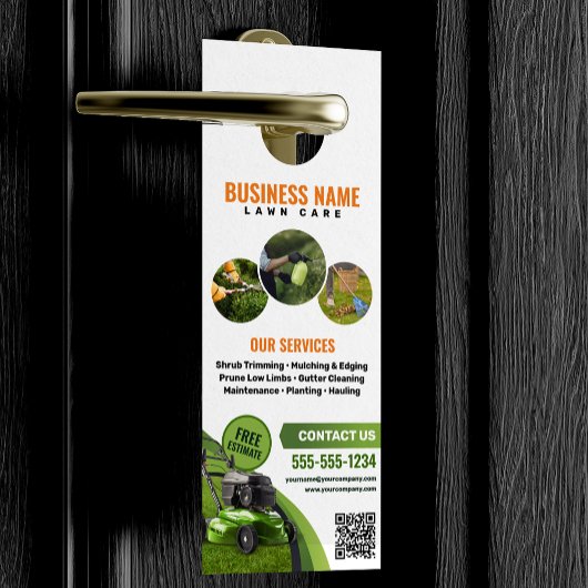 Groene, Oranje Lawn Care Landscaping Mowing Servic Deurhanger