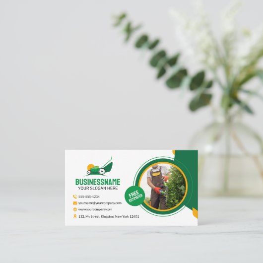 Groene & Oranje Lawn Care Tuinieren Mowing Service Visitekaartje (Staand voorkant)