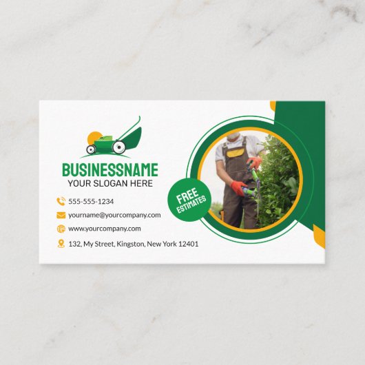 Groene & Oranje Lawn Care Tuinieren Mowing Service Visitekaartje (Voorkant)