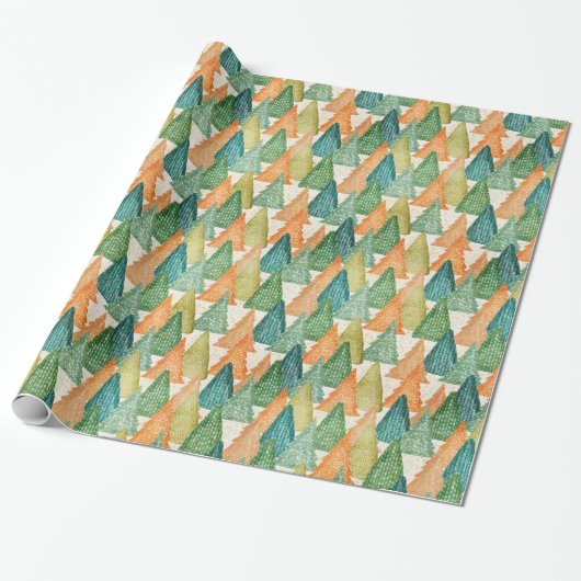 Groene Oranje minimale Trendy PINE TREE CHRISTMAS Cadeaupapier (Uitgerold)