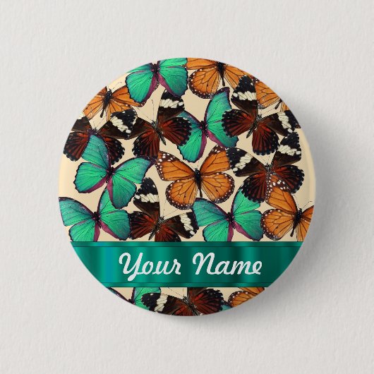 Groene & oranje vlinders ronde button 5,7 cm (Voorkant)