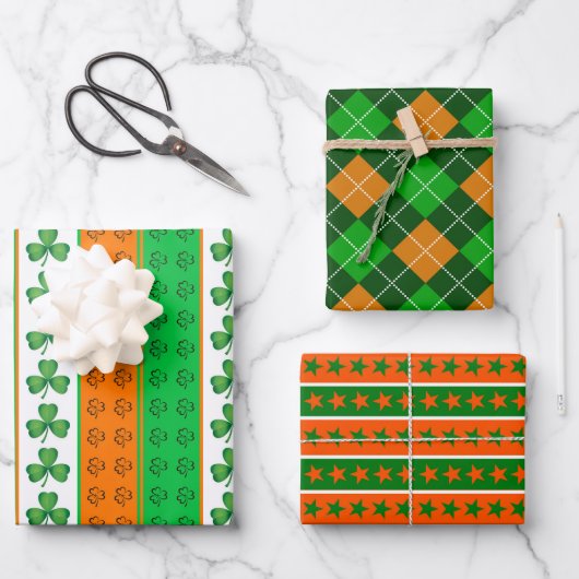 GROENE ORANJE WITTE IRISH SHAMROCKS STARS INPAKPAPIER VEL (Voorkant)