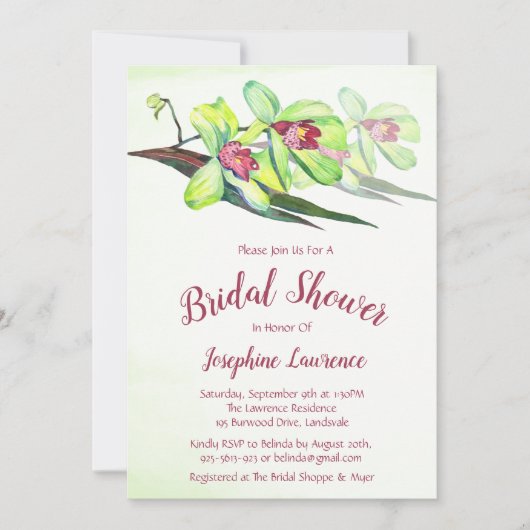 Groene Orchidee Bloemen Bruids Douche Uitnodiginge Kaart (Voorkant)