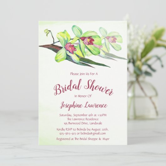 Groene Orchidee Bloemen Bruids Douche Uitnodiginge Kaart (Staand voorkant)