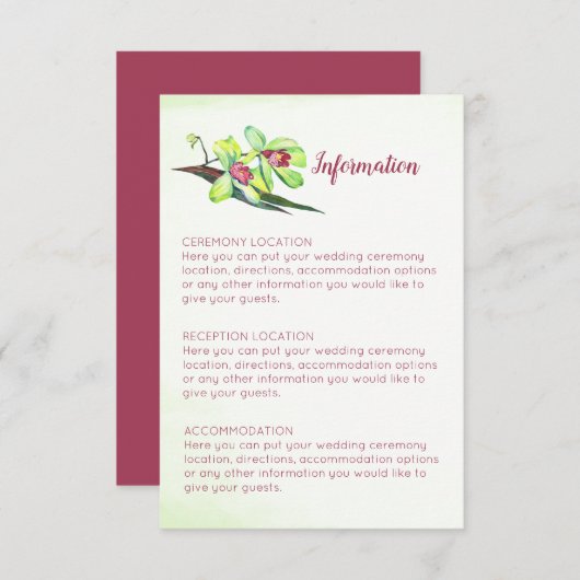 Groene Orchidee Marsala Bruiloft Informatie Kaarte Informatiekaartje (Voorkant / Achterkant)