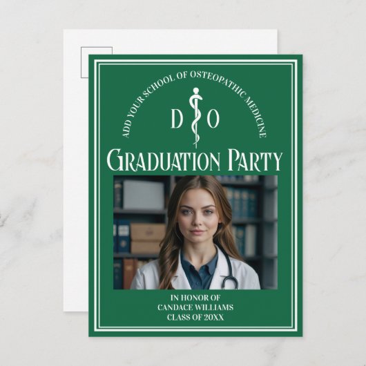Groene osteopathische medische school afstudeerfee uitnodiging briefkaart (Voorkant / Achterkant)