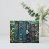 Groene oude boeken en bloesems briefkaart (Staand voorkant)