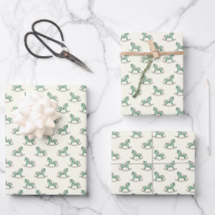 Groene ouderwetse schommelpaarden Nieuwe baby show Inpakpapier Vel