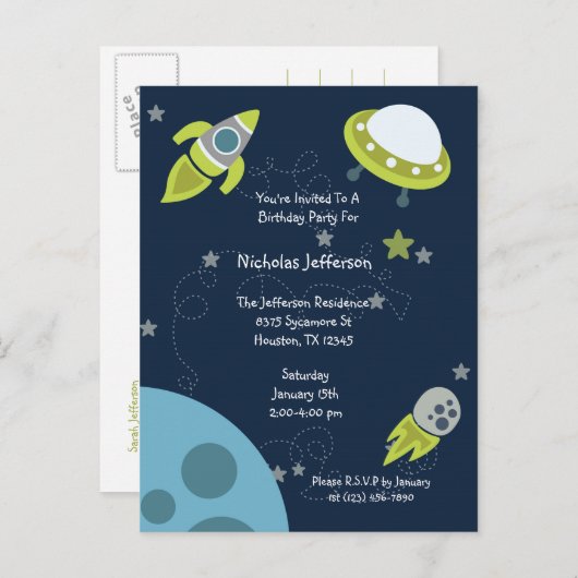 Groene Outer Space UFO Verjaardag Uitnodiging Brie (Voorkant / Achterkant)