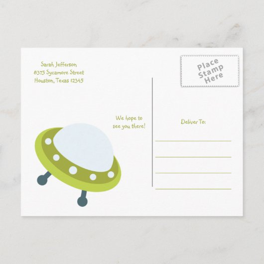 Groene Outer Space UFO Verjaardag Uitnodiging Brie (Achterkant)