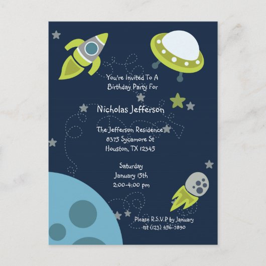 Groene Outer Space UFO Verjaardag Uitnodiging Brie (Voorkant)