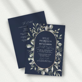 Groene Ovaal Navy RSVP QR Code Trouwroos Goud Folie Uitnodiging