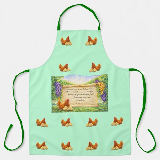 Groene overall schort met kippen en Bijbelvers (Voorkant)