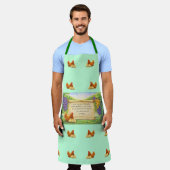 Groene overall schort met kippen en Bijbelvers (Gedragen)