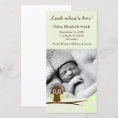 Groene Owl Foto geboorteaankondigingen Aankondiging (Voorkant / Achterkant)