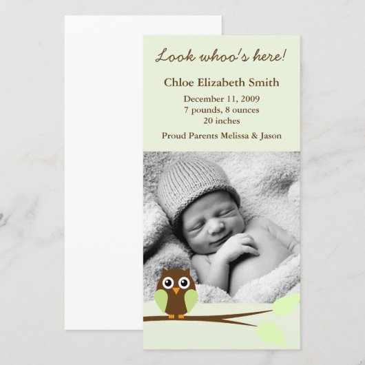 Groene Owl Foto geboorteaankondigingen Aankondiging (Voorkant / Achterkant)