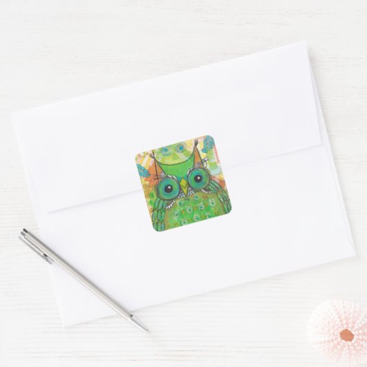Groene Owl Vierkante Sticker (Envelop)