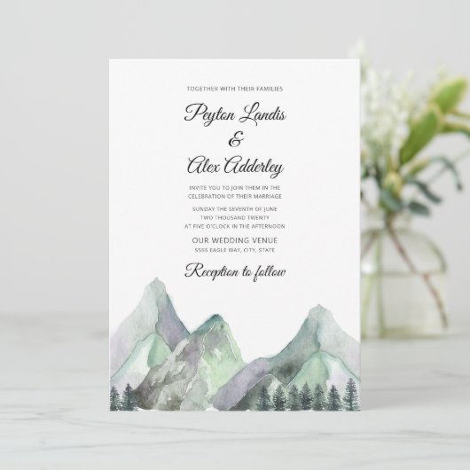 Groene Paarse Aquarel Bergen Trouw Uitnodiging (Staand voorkant)