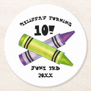 Groene Paarse artiest Crayons: Birthday Party Ronde Kartonnen Onderzetter