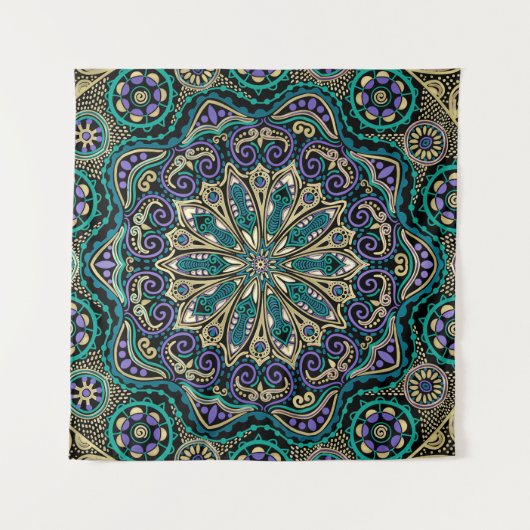 Groene Paarse Black en Taupe Mandala Wall Tapestry Wandkleed (Voorkant (horizontaal))
