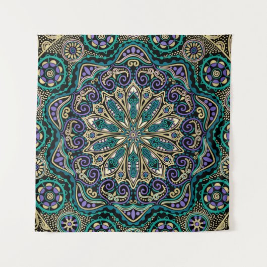 Groene Paarse Black en Taupe Mandala Wall Tapestry Wandkleed (Voorkant)