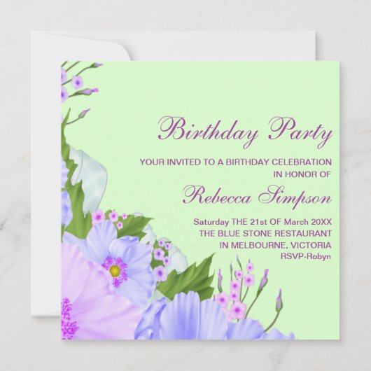 Groene Paarse & Blauwe Bloemen Verjaardag Uitnodig Kaart (Achterkant)