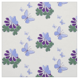 Groene Paarse Bloem Blauwe Vlinders Doodle Accent Stof