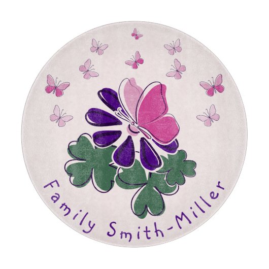 Groene Paarse Bloem Roze Vlinder Doodle Glas Snijplank (Voorkant)