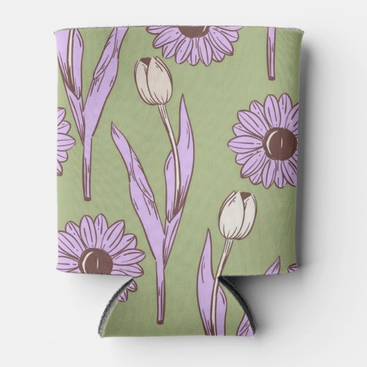 Groene Paarse Bloemen Waterverf Botanische Drink Blikjeskoeler (Voorkant)