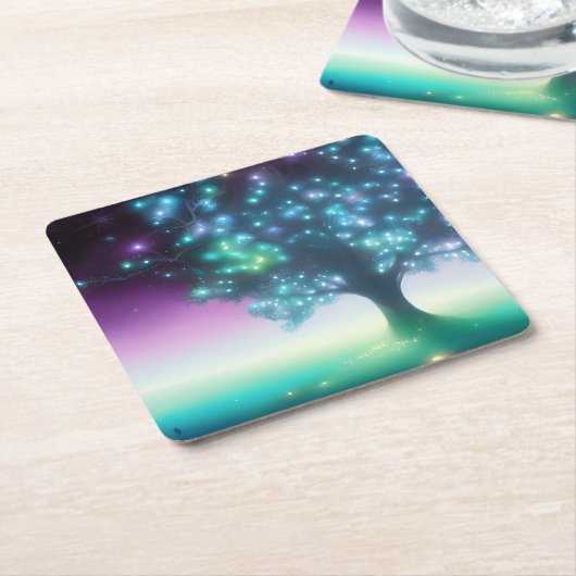 Groene Paarse Boom met Lichtjes Kartonnen Onderzetters (Schuin)