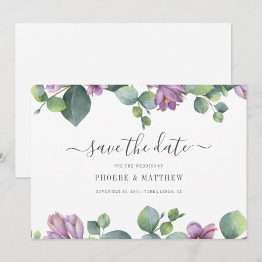 Groene Paarse Eucalyptus Greenery Modern Save The Date (Voorkant / Achterkant)