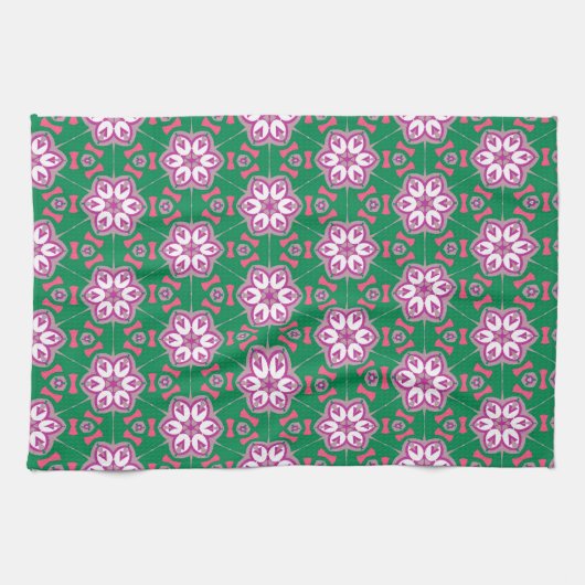 Groene Paarse Floral Star Groovy Pattern Theedoek (Horizontaal)