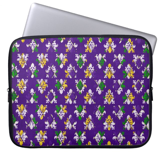 GROENE PAARSE GEEL WITTE MARDI GRAS FLEUR DI LIS LAPTOP SLEEVE (Voorkant)