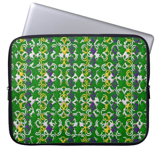GROENE PAARSE GEEL WITTE MARDI GRAS FLEUR DI LIS LAPTOP SLEEVE (Voorkant)