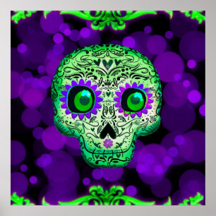 Groene & Paarse Glanzende Suiker Schedel Halloween Poster