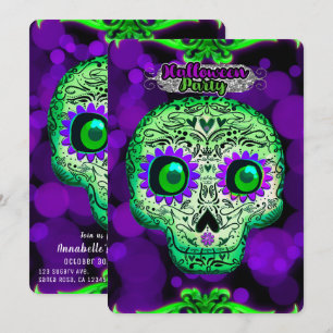 Groene & Paarse Gloeiende Schedel Halloween Feest Kaart