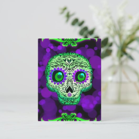 Groene & Paarse Gloeiende Suiker Schedel Halloween Briefkaart (Staand voorkant)