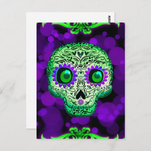 Groene & Paarse Gloeiende Suiker Schedel Halloween Briefkaart (Voorkant / Achterkant)