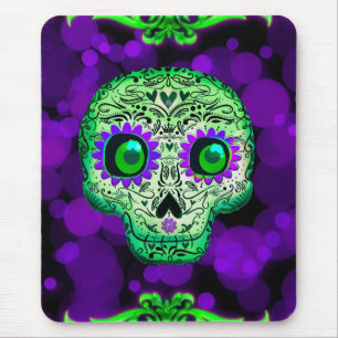 Groene & Paarse Gloeiende Suiker Schedel Halloween Muismat
