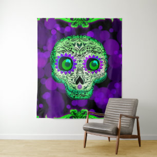 Groene & Paarse Gloeiende Suiker Schedel Halloween Wandkleed