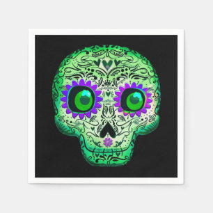 Groene & Paarse Gloeiende Suiker Skull Zwarte Hall Servet