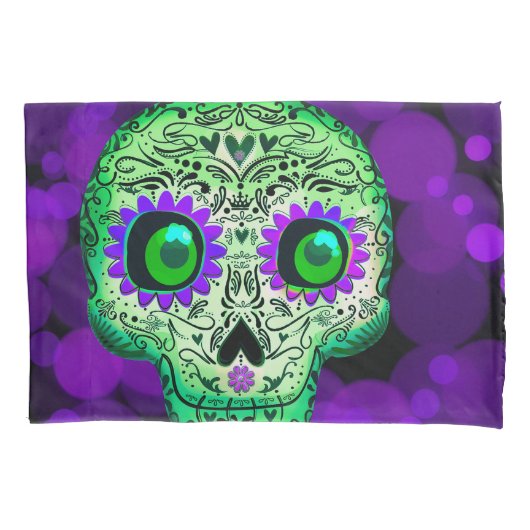 Groene & Paarse Gloeiende Suikerschedel Halloween Kussensloop (Voorkant)