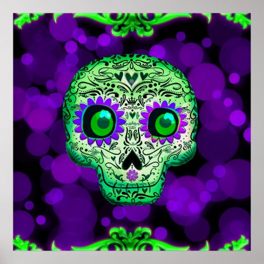Groene & Paarse Glowing Suiker Skull Halloween Poster (Voorkant)