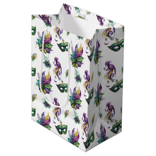 GROENE PAARSE GOLD MARDI GRAS MASKS & FEATHES MEDIUM CADEAUZAKJE (Voorkant Gekanteld)