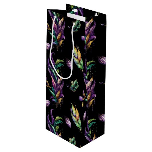 GROENE PAARSE GOLD MARDI GRAS MASKS & FEATHES WIJN CADEAUTAS (Voorkant Gekanteld)