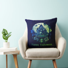 Groene Paarse Gotische Spookhuis Happy Halloween Kussen