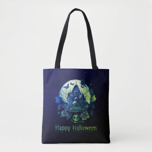 Groene Paarse Gotische Spookhuis Happy Halloween Tote Bag (Voorkant)