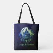 Groene Paarse Gotische Spookhuis Happy Halloween Tote Bag (Achterkant)
