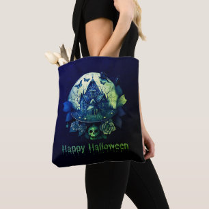 Groene Paarse Gotische Spookhuis Happy Halloween Tote Bag